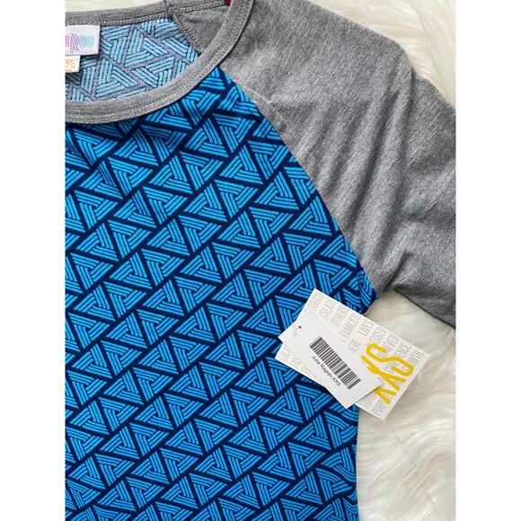 NWT Lularoe Blue Geometric Print w/ Gray Raglan Sleeves XXS Julia Pencil Dress - Picture 3 of 3